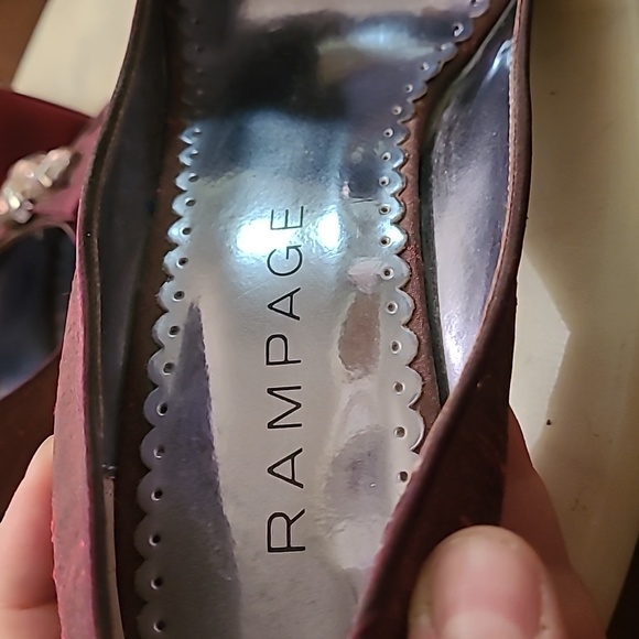 Burgundy red peeptoe heels with pink rhinstones and bows. - Picture 8 of 16